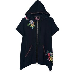 Johnny Was Hoodie JW Black Embroidered Floral Full Zip Boho Cottage XS X-SMALL